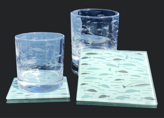 Atomic Fish Whiskey glass and coaster bar set retro etched cocktail glass gift set of 2 MCM office bar gift hand etched fish lover drinkware