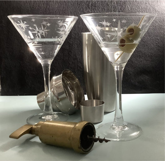 Mid Century Martini Etched Glassware Starburst Retro Glassware Etched Retro Glassware Gift Vintage Set of 2 Cocktail Glass Atomic Era Engraved Glass