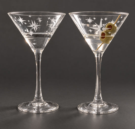 Starburst Etched Martini Glassware | Mid-Century Modern Set