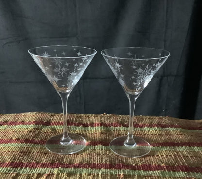 Mid Century Martini Etched Glassware Starburst Retro Glassware Etched Retro Glassware Gift Vintage Set of 2 Cocktail Glass Atomic Era Engraved Glass