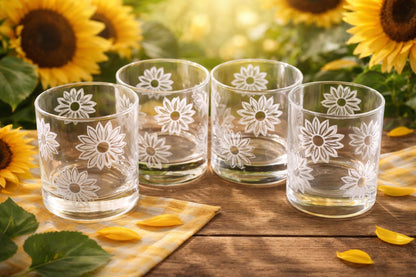 Retro Sunflower Whiskey Glasses Happy Etched Rocks Glasses Gift Sixties Lover Cocktail Gift Set of 4 Sunflower Barware Housewarming Gift
