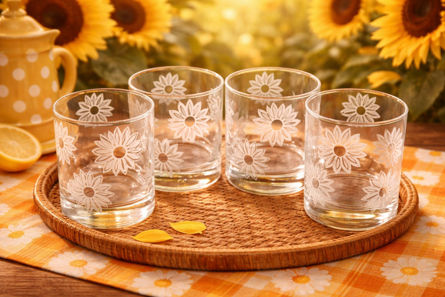 Retro Sunflower Whiskey Glasses Happy Etched Rocks Glasses Gift Sixties Lover Cocktail Gift Set of 4 Sunflower Barware Housewarming Gift