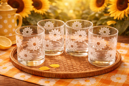 Retro Sunflower Whiskey Glasses Happy Etched Rocks Glasses Gift Sixties Lover Cocktail Gift Set of 4 Sunflower Barware Housewarming Gift