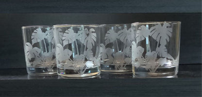 Retro Monstera Etched Rocks Glassware Gift Tropical Whiskey Barware for home or office bar Plant image Etched Mid Century Whiskey Lover Gift