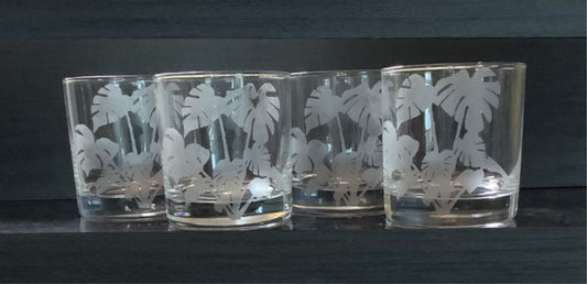 Retro Monstera Etched Rocks Glassware Gift Tropical Whiskey Barware for home or office bar Plant image Etched Mid Century Whiskey Lover Gift