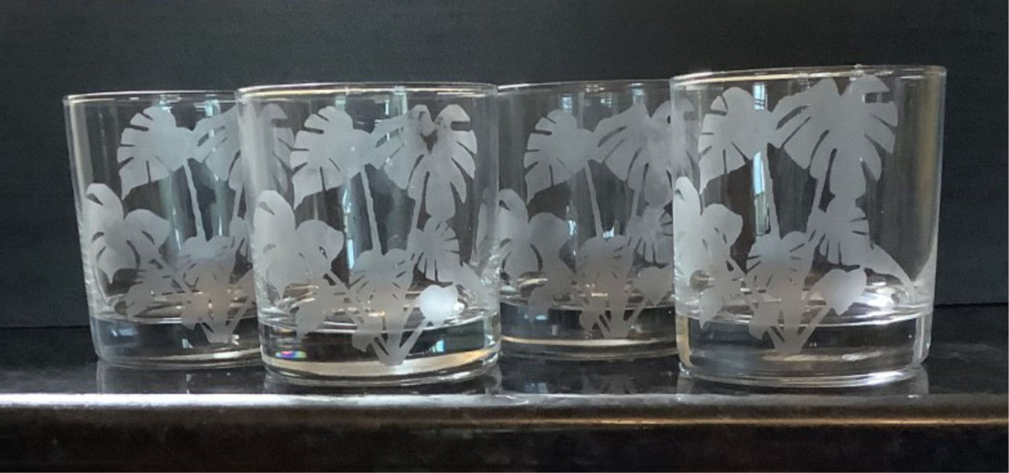 Retro Monstera Etched Rocks Glassware Gift Tropical Whiskey Barware for home or office bar Plant image Etched Mid Century Whiskey Lover Gift