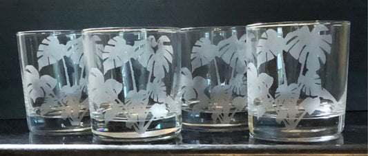 Retro Monstera Etched Rocks Glassware Gift Tropical Whiskey Barware for home or office bar Plant image Etched Mid Century Whiskey Lover Gift