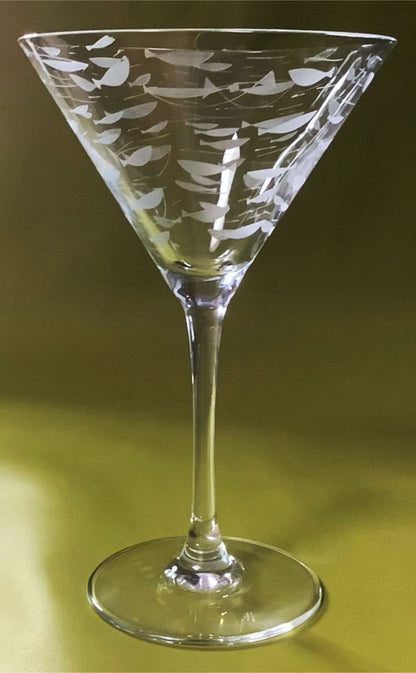 Atomic Era Fish Martini glasses, etched retro cocktail gift set of 2. Vintage retirement gift. Unique cottage glassware gift.  Free Delivery