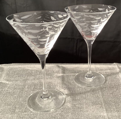 Atomic Era Fish Martini glasses, etched retro cocktail gift set of 2. Vintage retirement gift. Unique cottage glassware gift.  Free Delivery