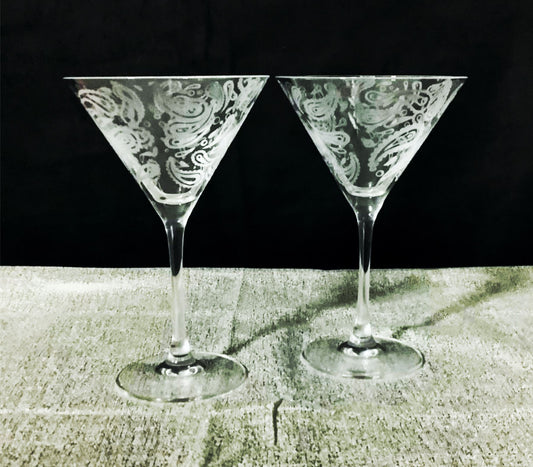 Paisley Martini Glasses Retro Hippie Paisley Cocktail Glasses Sixties Lover Barware Gift 10 ounce Set of 2 Retro Lover Martini Glasses