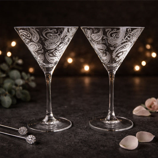 Paisley Etched Martini Glasses | Retro 60s Barware Gift Set of 2