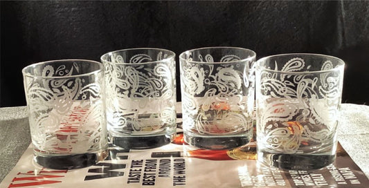 Sixties Whiskey Glasses Paisley engraved gift Hippie hand Etched Rocks Glasses Retro lover lowball 10 ounce housewarming gift set of 4.