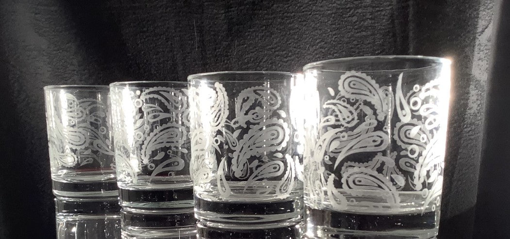 Sixties Whiskey Glasses Paisley engraved gift Hippie hand Etched Rocks Glasses Retro lover lowball 10 ounce housewarming gift set of 4.