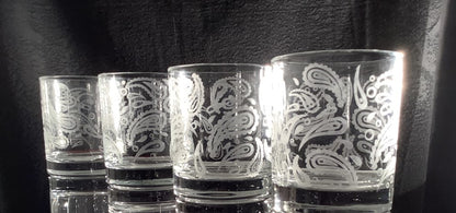 Sixties Whiskey Glasses Paisley engraved gift Hippie hand Etched Rocks Glasses Retro lover lowball 10 ounce housewarming gift set of 4.