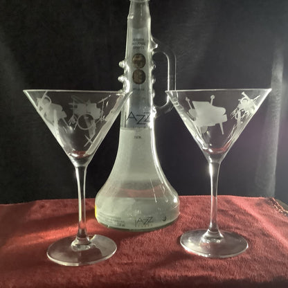 Music Lover Martini glasses Jazz Gift Set of 2 Cocktail Etched Glasses engraved Musical Instruments, Musician Housewarming Gift 10 ounce.