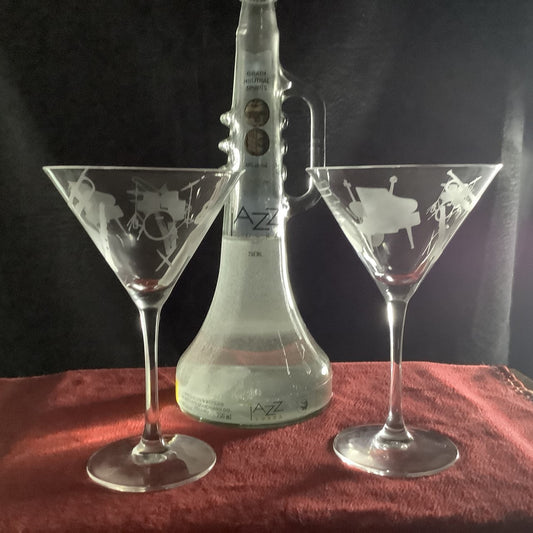 Music Lover Martini glasses Jazz Gift Set of 2 Cocktail Etched Glasses engraved Musical Instruments, Musician Housewarming Gift 10 ounce.