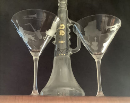 Music Lover Martini glasses Jazz Gift Set of 2 Cocktail Etched Glasses engraved Musical Instruments, Musician Housewarming Gift 10 ounce.