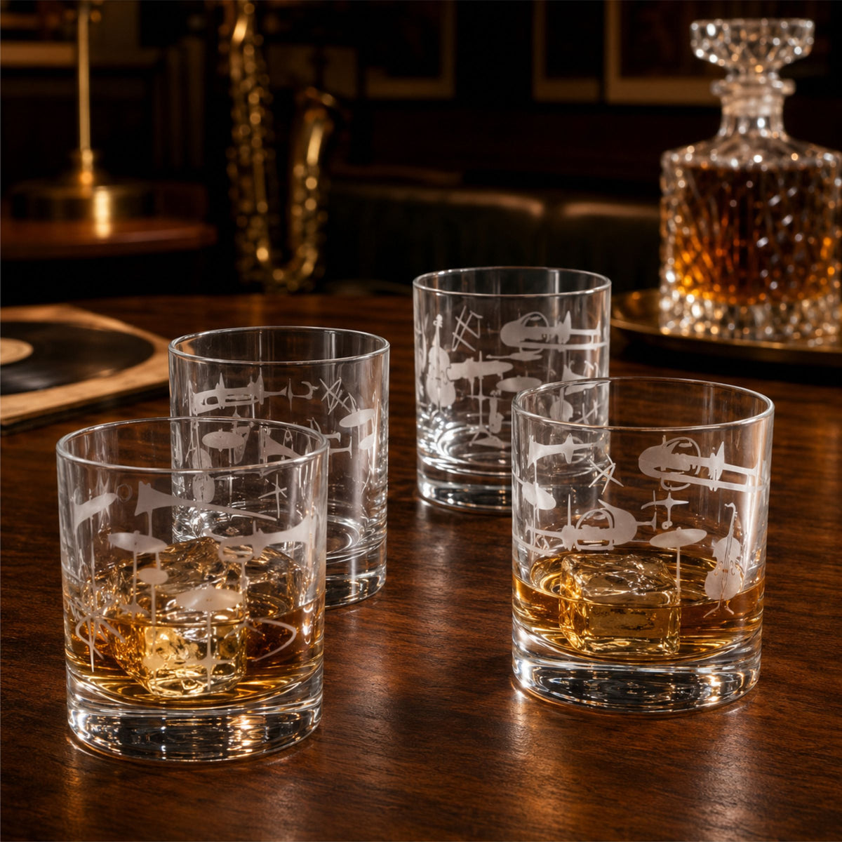 Jazz Whiskey Glasses – Hand Etched Set of 4 | Music Lover Gift | 10 oz Reto Rocks Glasses