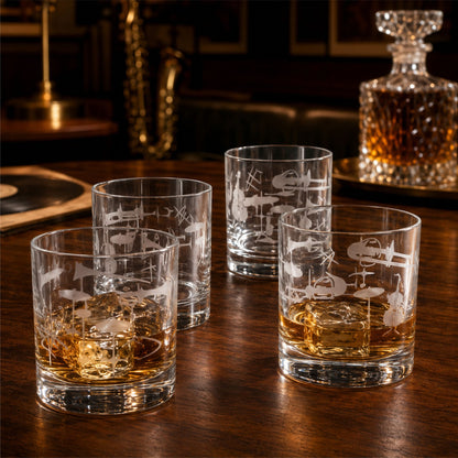 Jazz Whiskey Glasses – Hand Etched Set of 4 | Music Lover Gift | 10 oz Reto Rocks Glasses
