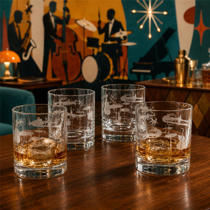 Jazz Whiskey Glasses – Hand Etched Set of 4 | Music Lover Gift | 10 oz Reto Rocks Glasses