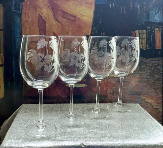 Monstera Plant Wine Glasses Etched Tropical Plant Retro Gift Set of 4 Etched Wine Glassware Table Decor Tropical Monstera Plant Lover Gift 16 oz.