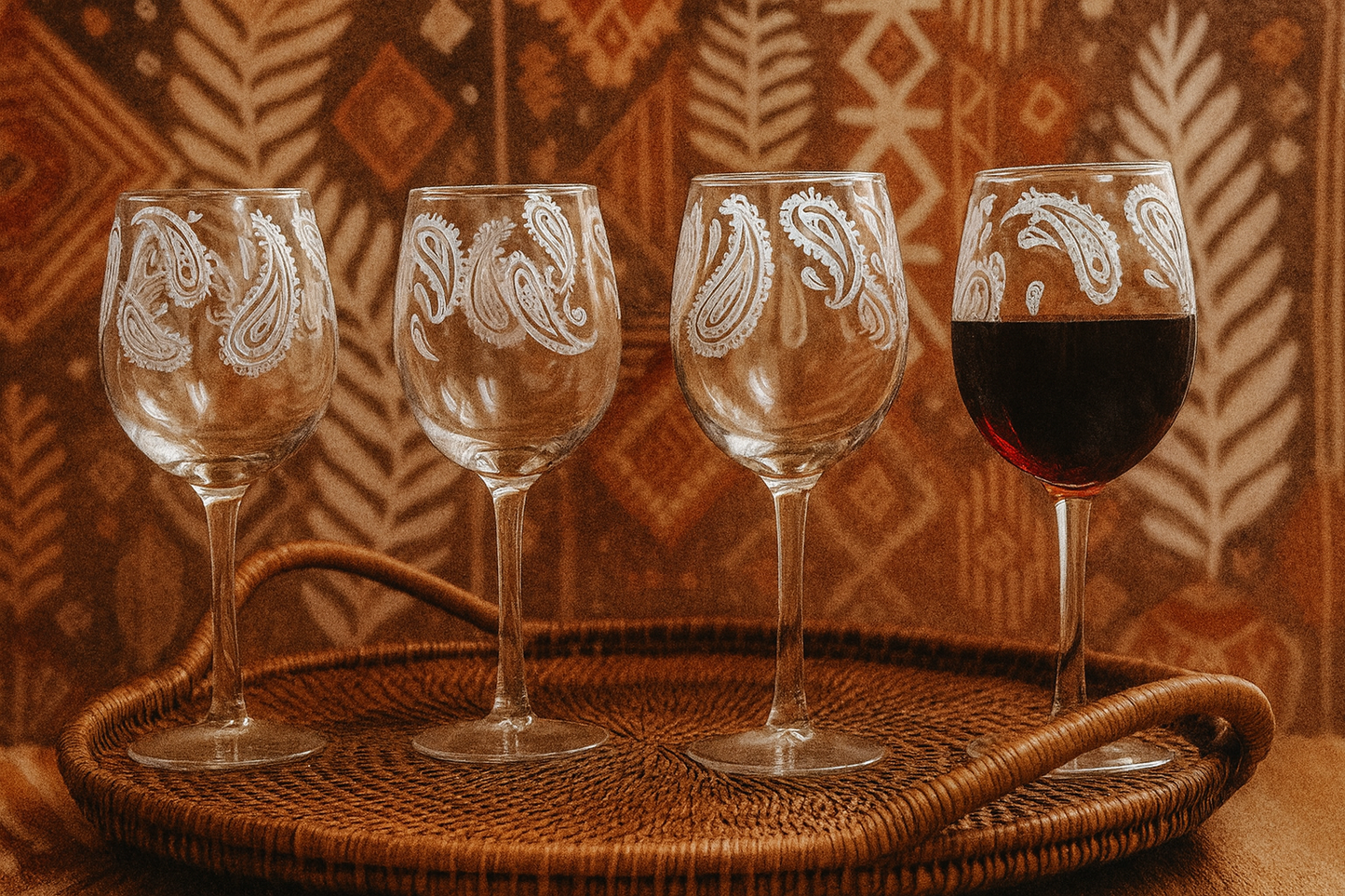 Paisley Design Sixties Etched Wine Glass Set – 4 Boho styled 16 ounce Glasses | Retro Chic Barware