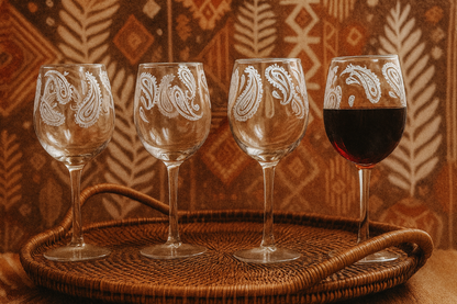 Paisley Design Sixties Etched Wine Glass Set – 4 Boho styled 16 ounce Glasses | Retro Chic Barware