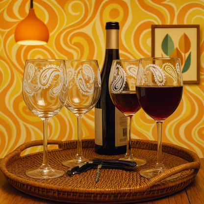 Paisley Design Sixties Etched Wine Glass Set – 4 Boho styled 16 ounce Glasses | Retro Chic Barware