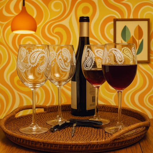 Paisley Design Sixties Etched Wine Glass Set – 4 Boho styled 16 ounce Glasses | Retro Chic Barware