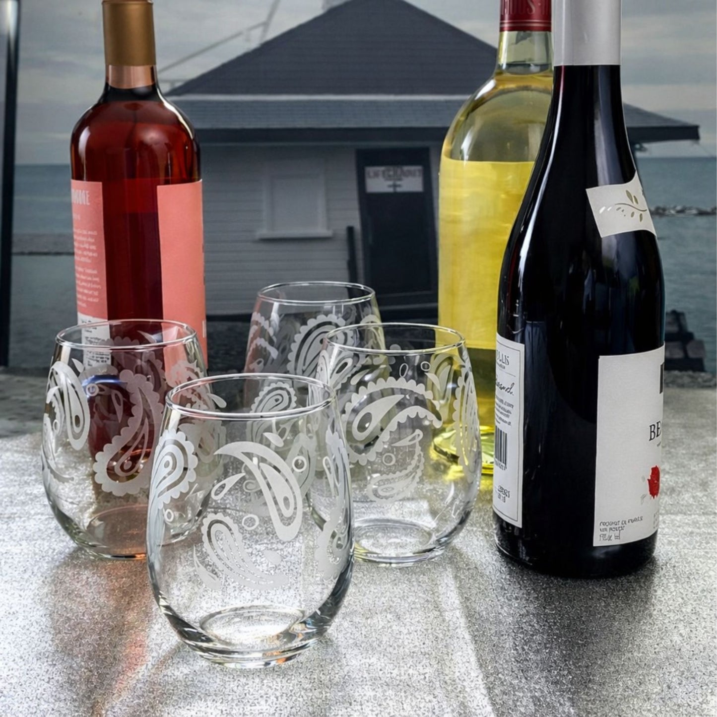 Paisley Etched Stemless Wine Glass Set of 4 – Mid-Century Boho 60s Retro Barware - Artistic Glassware Gift