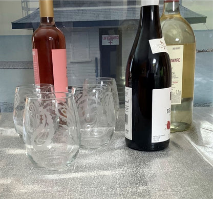 Paisley Etched Stemless Wine Glass Set of 4 – Mid-Century Boho 60s Retro Barware - Artistic Glassware Gift