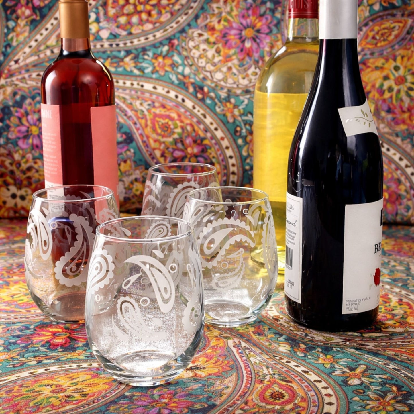 Paisley Etched Stemless Wine Glass Set of 4 – Mid-Century Boho 60s Retro Barware - Artistic Glassware Gift