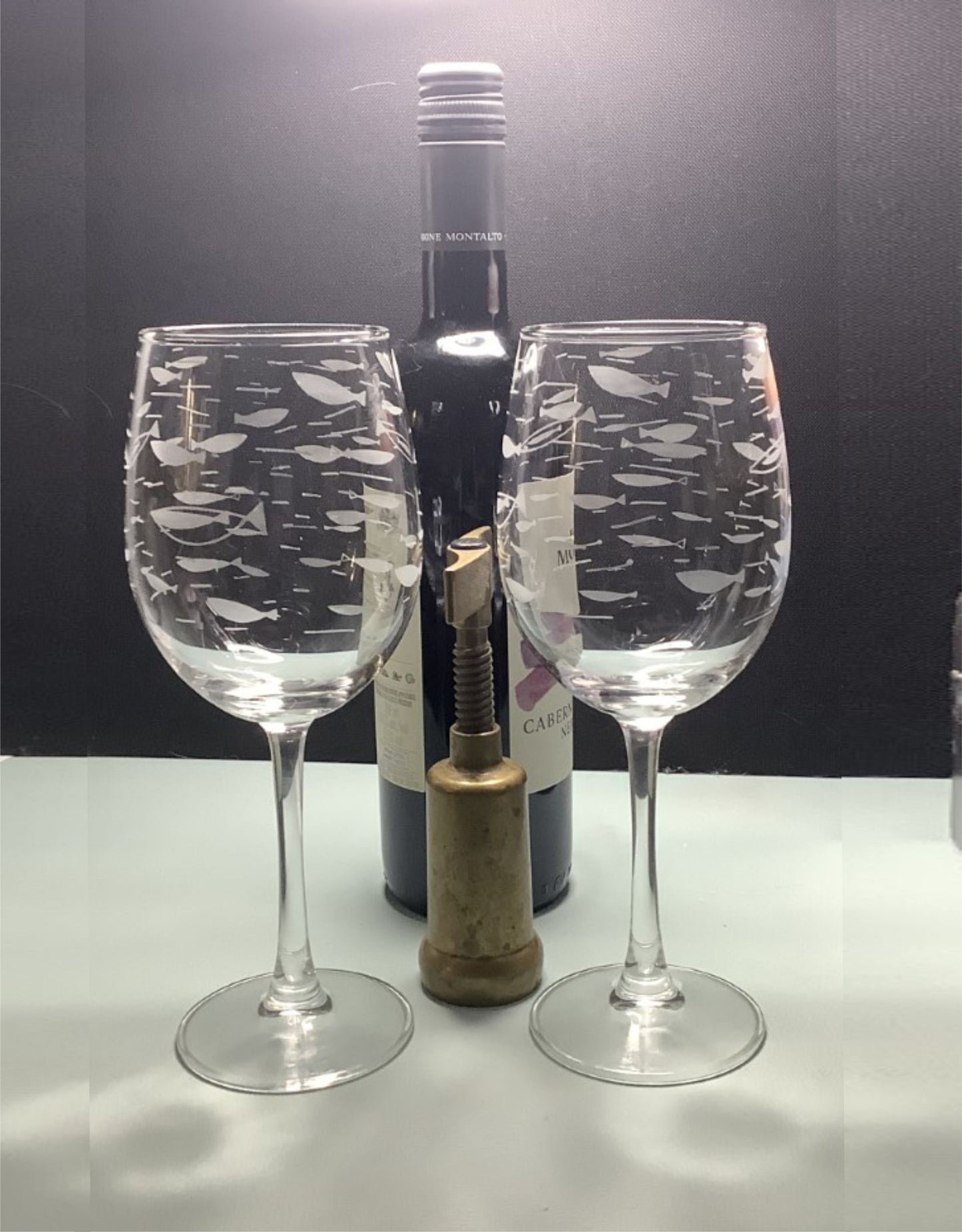 Retro Etched Fish Wine Glasses Mid Century Styled 16 oz. Bar Gift Set of 2 Housewarming Gift for the Sixties Lover Individually Hand Etched