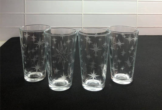 Retro Starburst Beer Glasses Hand Etched Mid Century Glassware Beer Lover Gift Set of 4, 16 ounce Atomic Era Barware, Vintage Decor Tumbler
