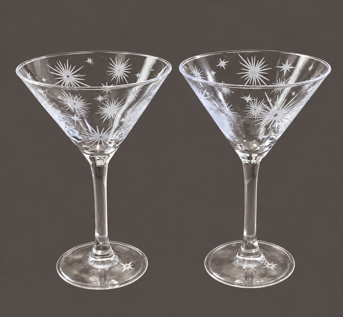 Mid-Century Atomic Starburst Etched Martini Glasses – Set of 2