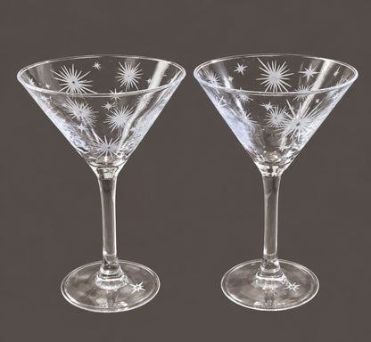 Mid-Century Atomic Starburst Etched Martini Glasses – Set of 2