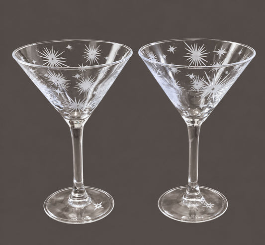 Mid-Century Atomic Starburst Etched Martini Glasses – Set of 2