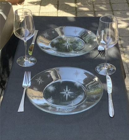 Mid Century Glass Etched Dinner Retro Starburst Dinnerware Gift Set of 2 - 10" Gift Atomic Era Glass Tableware Vintage Kitchen Decor Gift