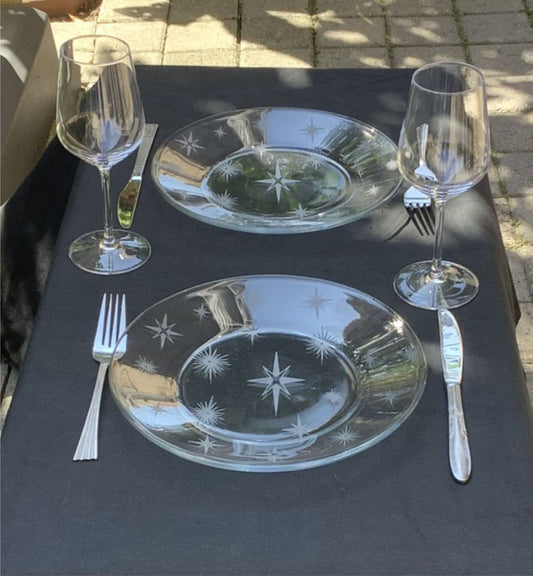 Mid Century Glass Etched Dinner Retro Starburst Dinnerware Gift Set of 2 - 10" Gift Atomic Era Glass Tableware Vintage Kitchen Decor Gift
