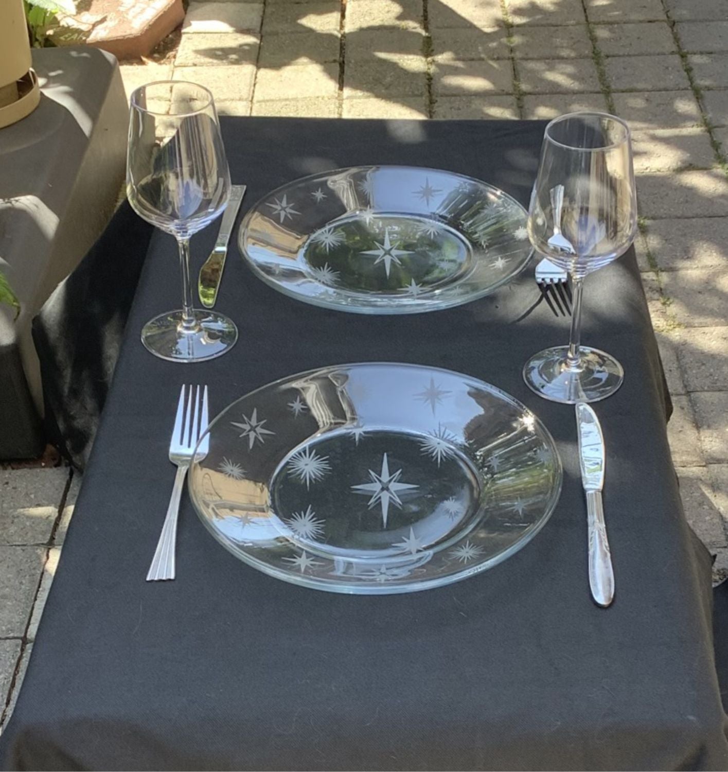 Mid Century Glass Etched Dinner Retro Starburst Dinnerware Gift Set of 2 - 10" Gift Atomic Era Glass Tableware Vintage Kitchen Decor Gift