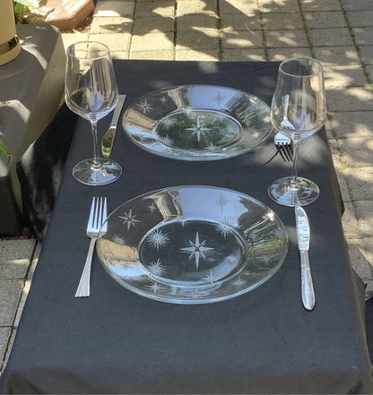 Mid Century Glass Etched Dinner Retro Starburst Dinnerware Gift Set of 2 - 10" Gift Atomic Era Glass Tableware Vintage Kitchen Decor Gift