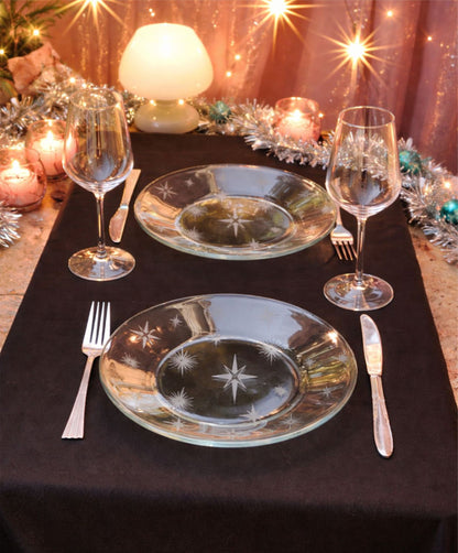 Mid Century Modern Starburst Glass Plates Set of 2 – 10” Etched Retro Atomic Dinnerware – Vintage Atomic Era Kitchen Dinnerware Gift