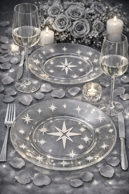 Mid Century Modern Starburst Glass Plates Set of 2 – 10” Etched Retro Atomic Dinnerware – Vintage Atomic Era Kitchen Dinnerware Gift