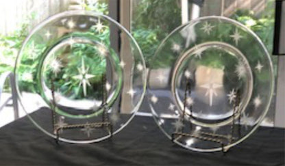 Mid Century Glass Etched Dinner Retro Starburst Dinnerware Gift Set of 2 - 10" Gift Atomic Era Glass Tableware Vintage Kitchen Decor Gift
