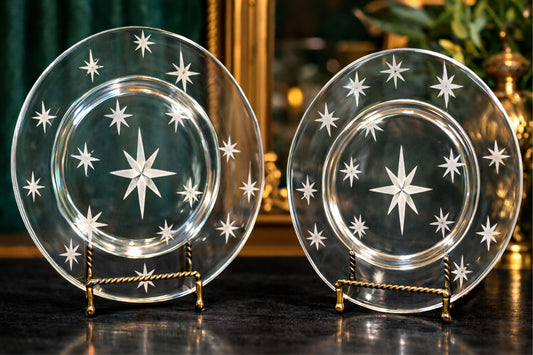 Mid Century Modern Starburst Glass Plates Set of 2 – 10” Etched Retro Atomic Dinnerware – Vintage Atomic Era Kitchen Dinnerware Gift