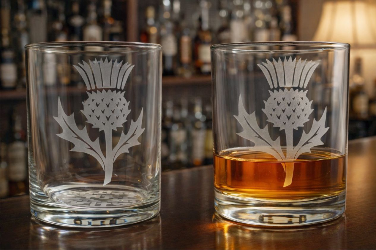 Scottish Thistle Whiskey Glass with Hand Etched Celtic Knot – Scotch Whisky Tumbler, Scottish Heritage Barware, Gift for Whisky Lovers