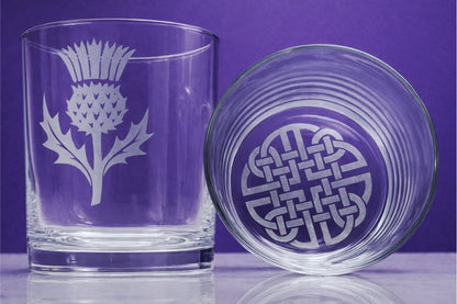 Scottish Thistle Whiskey Glass with Hand Etched Celtic Knot – Scotch Whisky Tumbler, Scottish Heritage Barware, Gift for Whisky Lovers