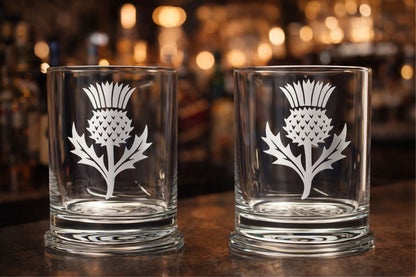 Scottish Thistle Whiskey Glass with Hand Etched Celtic Knot – Scotch Whisky Tumbler, Scottish Heritage Barware, Gift for Whisky Lovers