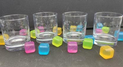 Retro starburst etched whiskey glasses set of 4 rocks mid century glassware etched retro glassware gift for bar or office whiskey lover gift