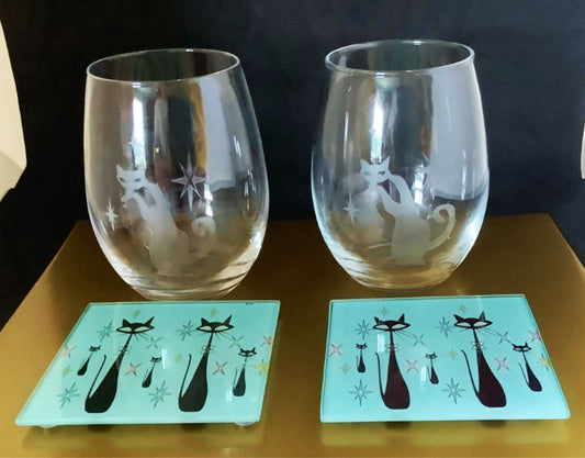 Atomic Devious Cat Etched Stemless Wine Glasses (20 oz) with Glass Atomic Cat Coasters - Set of 2